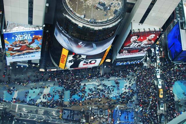 Looking down at the growing crowds in Times Square on New Year's Eve